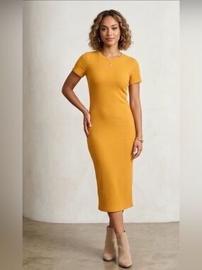 Velvet Torch Mustard Yellow Ribbed Midi Dress - Size S - EUC